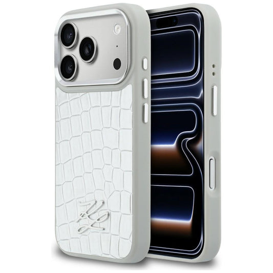 Karl Lagerfeld Handy Hülle Croco KL Script Logo Magsafe Case für iPhone 17 Pro Weiß