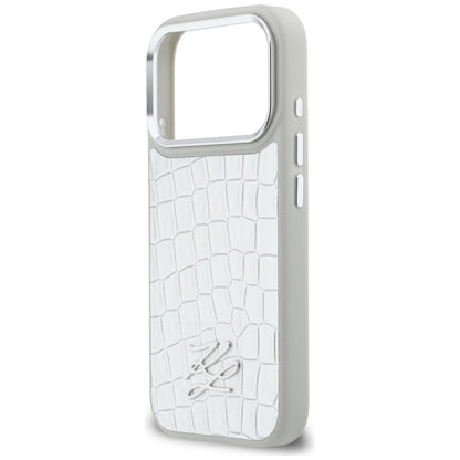 Karl Lagerfeld Handy Hülle Croco KL Script Logo Magsafe Case für iPhone 17 Pro Weiß