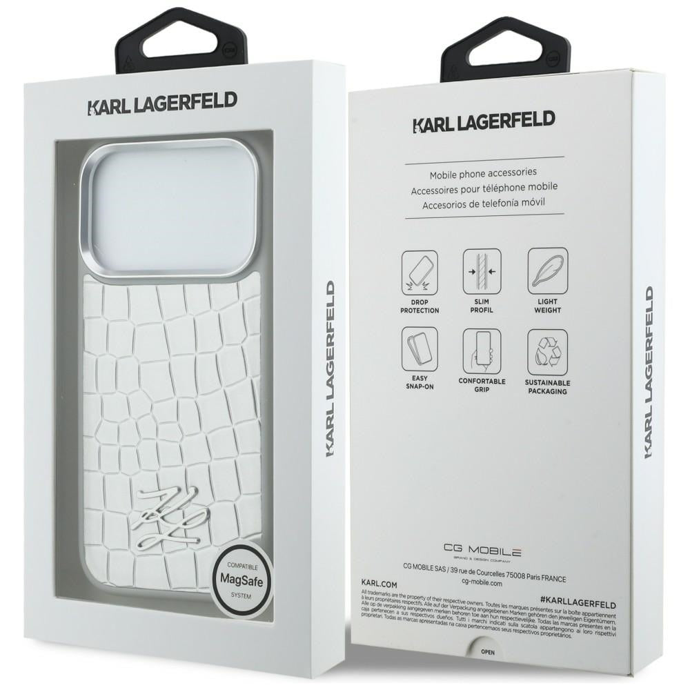 Karl Lagerfeld Handy Hülle Croco KL Script Logo Magsafe Case für iPhone 17 Pro Max Weiß