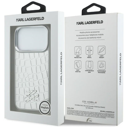 Karl Lagerfeld Handy Hülle Croco KL Script Logo Magsafe Case für iPhone 17 Pro Max Weiß
