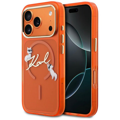 Karl Lagerfeld Handy Hülle IML Choupettes Karl Cript Logo Magsafe Case für iPhone 17 Pro Max Orange