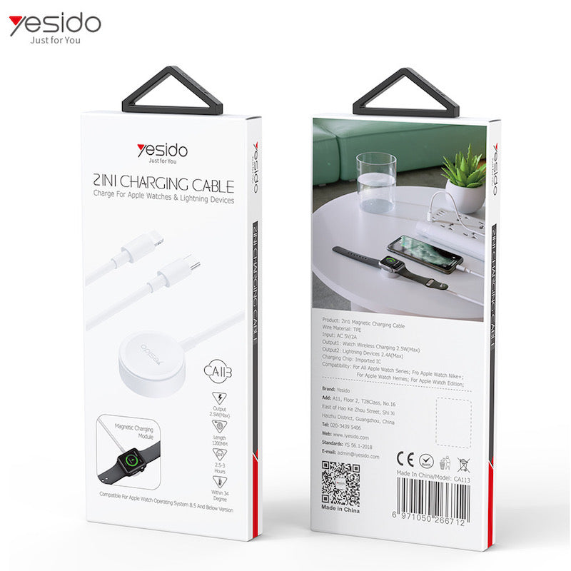 YESIDO CA113 2in1 Magnetische Typ C und Lightning 1.2 Meter Ladekabel für Apple Watch