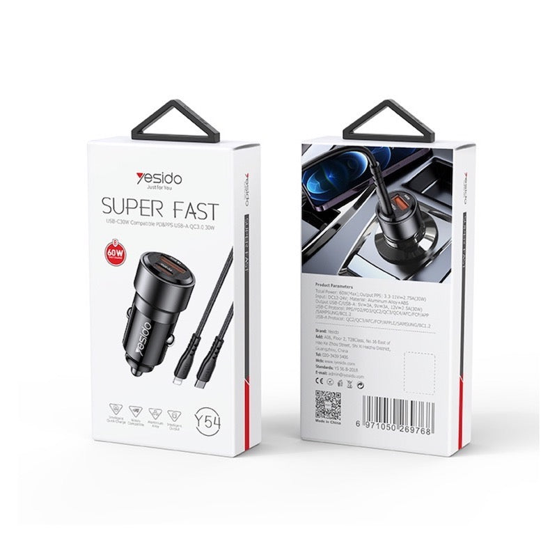 YESIDO Y54 Typ C und USB Fast Charge Auto Ladegerät mit Typ C zu Lightning Kabel