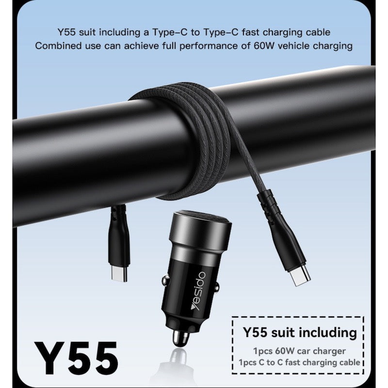 YESIDO Y55 Typ C und USB Fast Charge Auto Ladegerät mit Typ C zu Typ C Kabel