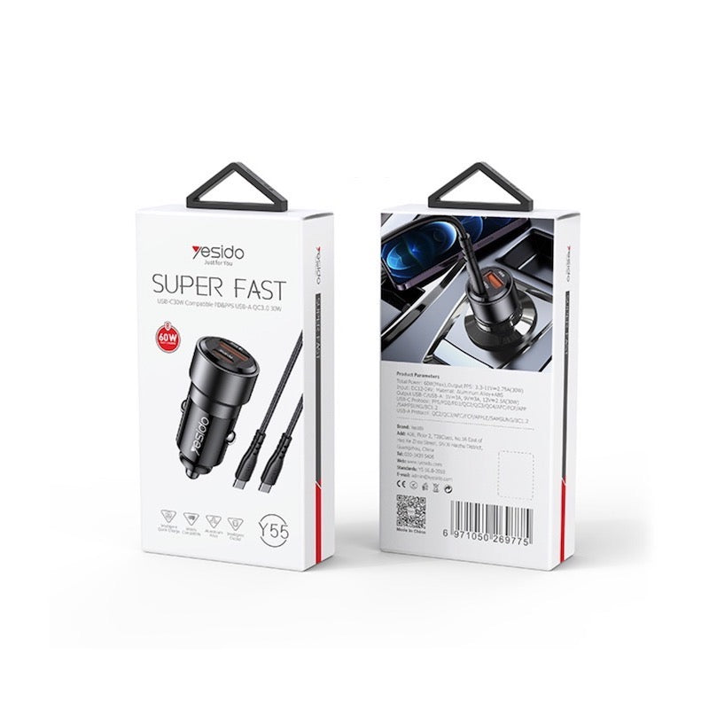YESIDO Y55 Typ C und USB Fast Charge Auto Ladegerät mit Typ C zu Typ C Kabel